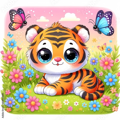 a cartoon cat with a tiger on its back is surrounded by birds and flowers