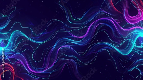 In this dynamic illustration  wisps of smoke intertwine with vibrant waves of light  creating a hypnotic dance of color and motion against a backdrop of deep black. Shades of blue and purple add depth