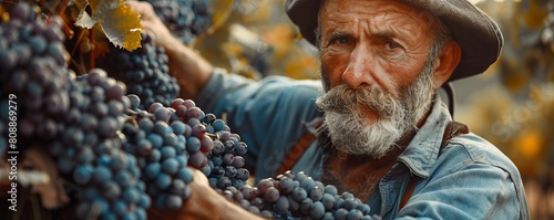 Aged male farmer pouring grapes into truck in vineyard photo