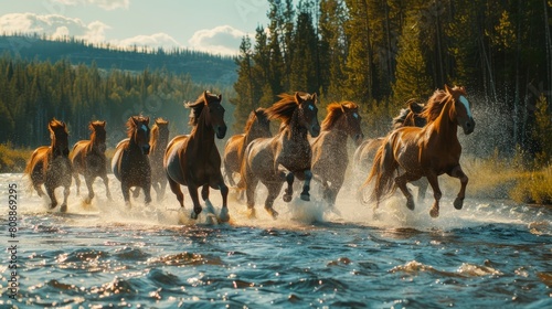 Majestic herd of horses running across river,perfect for adding your customized text and captions photo