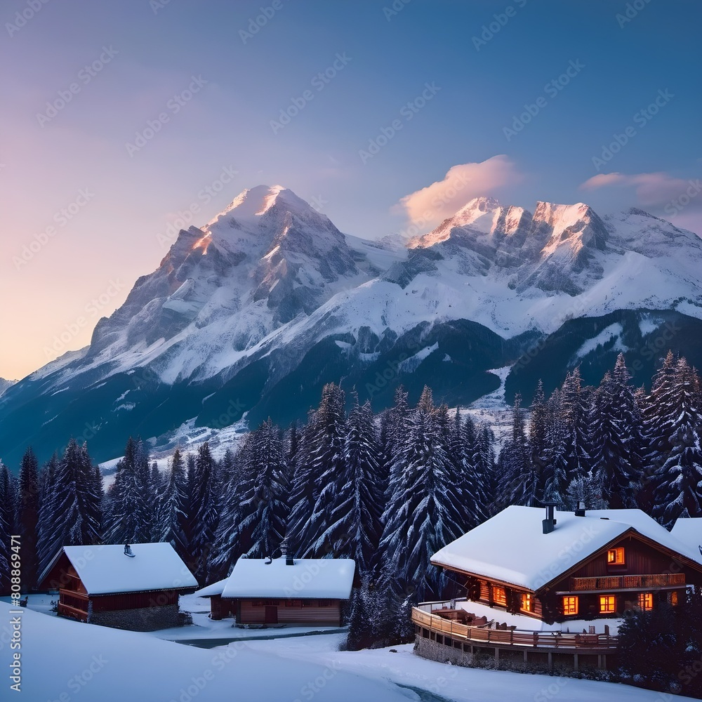 Fototapeta premium Golden Tranquility: Sunset Panorama of the Snow-Capped Alps