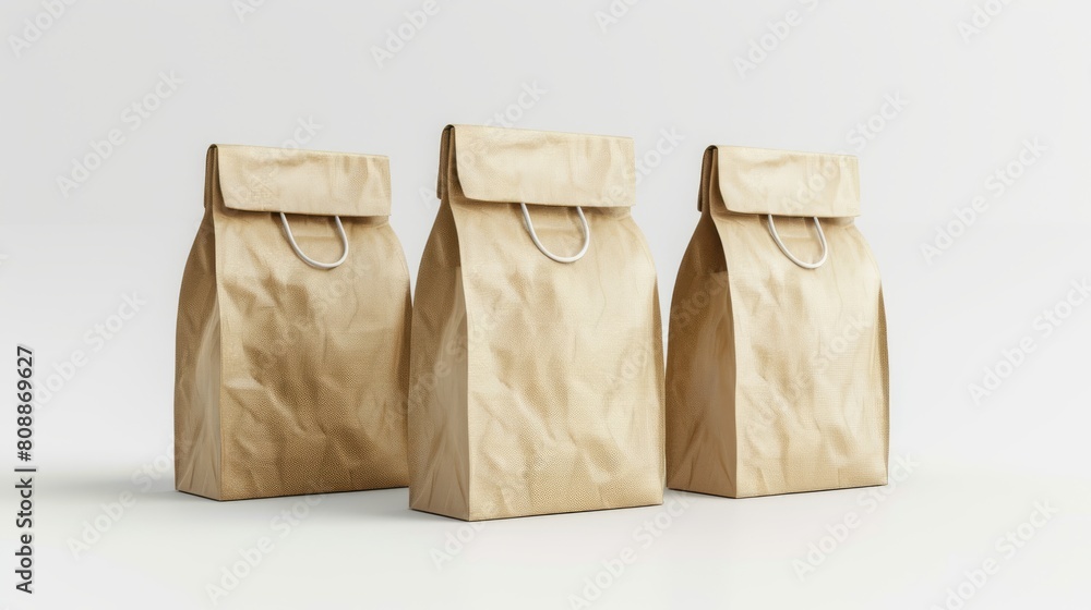 An image of three kraft paper lunch bags rendered in 3D on a white background An image of three kraft paper lunch bags rendered in 3D on a white background