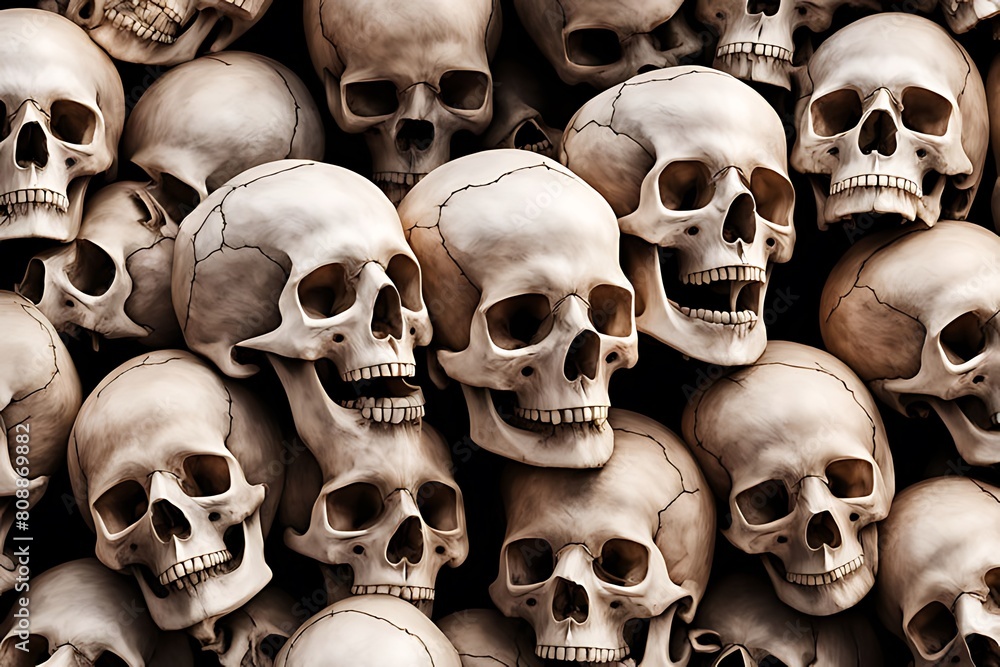 Eerie collection of human skulls in darkness Human skulls background from 3d rendering for Halloween and apocalypse concept. Eerie collection of human skulls in darkness Human skulls background from 3d rendering for Halloween and apocalypse concept.