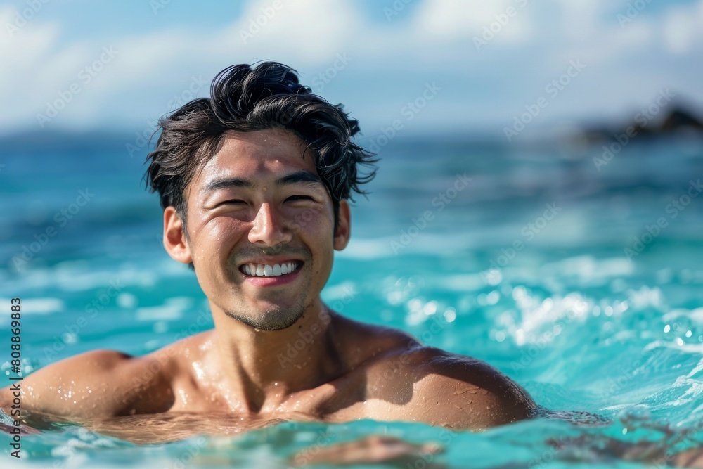 海で泳ぐ水着の日本人男性（休暇・旅行・ビーチ）