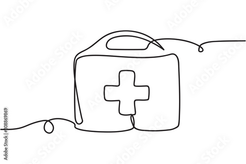 Continuous one line drawing of first aid kit box. medical box line art vector illustration.