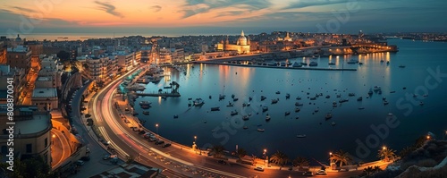 Aerial view of Gzira at night with glittering city lights and busy roads, Central Region, Malta. photo