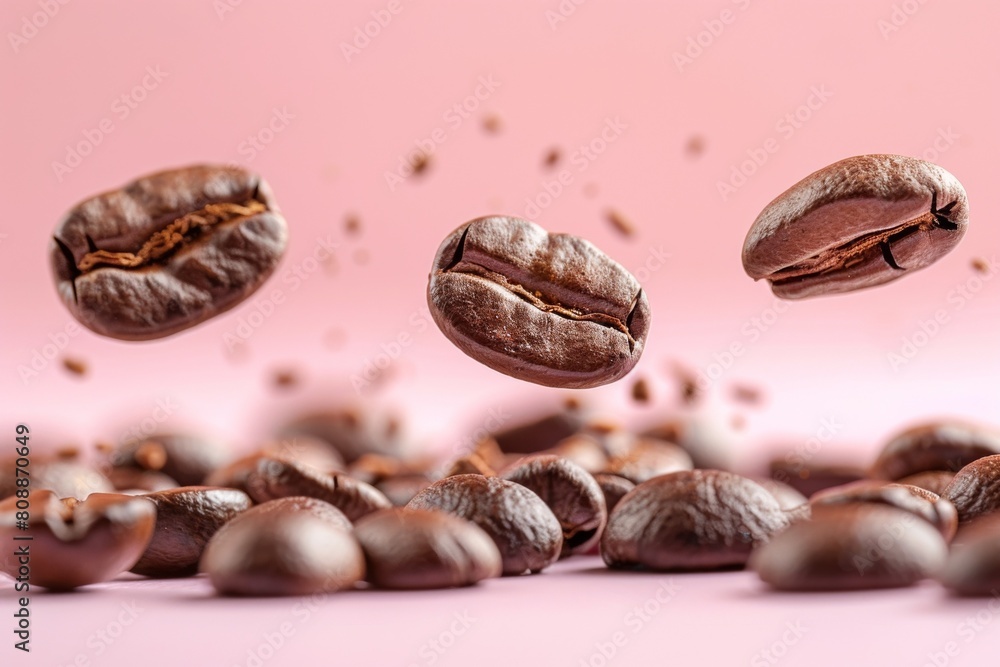 Promotional shot of falling coffee beans on a pink background. Promotional shot of falling coffee beans on a pink background.