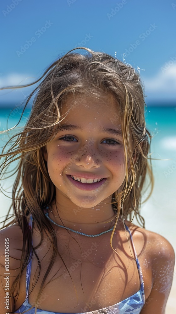 Young girl playing on the beach and smiling in the camera Young girl playing on the beach and smiling in the camera