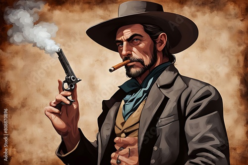 Front-facing cowboy gun drawn prepares for wild west town duel Closeup of desperado outlaw cowboy with raised pistol and gunsmoke. photo