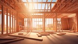 illustration interior of spacious building construction of frame house under construction with wooden pillars.