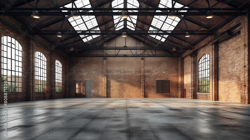 Industrial loft style empty old warehouse interior,brick wall,concrete floor and black steel roof structure.