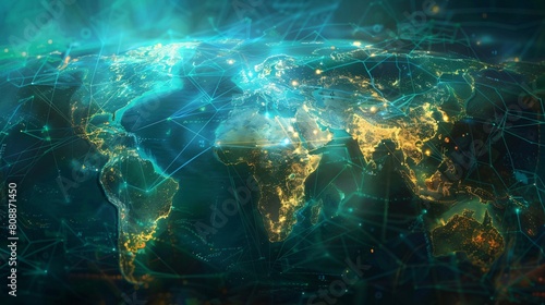 Global network connection over world map, Infographics, double exposure.