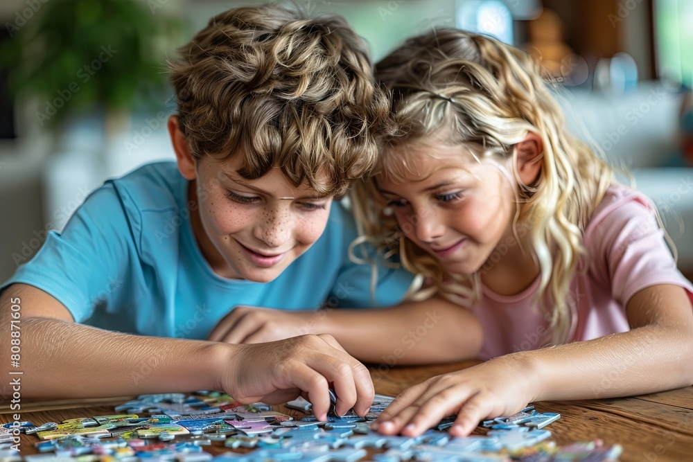 A young boy and girl are engaged in solving a puzzle, focusing on the missing piece to complete the picture. Generative AI A young boy and girl are engaged in solving a puzzle, focusing on the missing piece to complete the picture. Generative AI