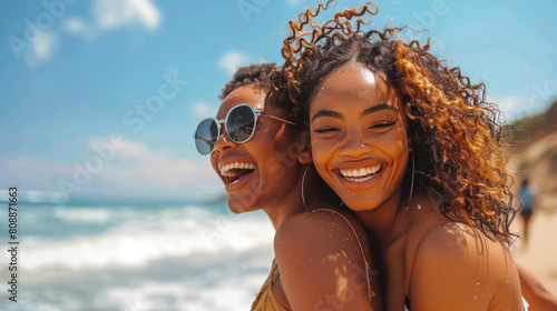 LGBTQ, gay and lesbian black women enjoying a piggyback ride and fun at beach in summer. Friends, dating and trust with female and her girlfriend on holiday, vacation or travel by the coast Stock Phot
