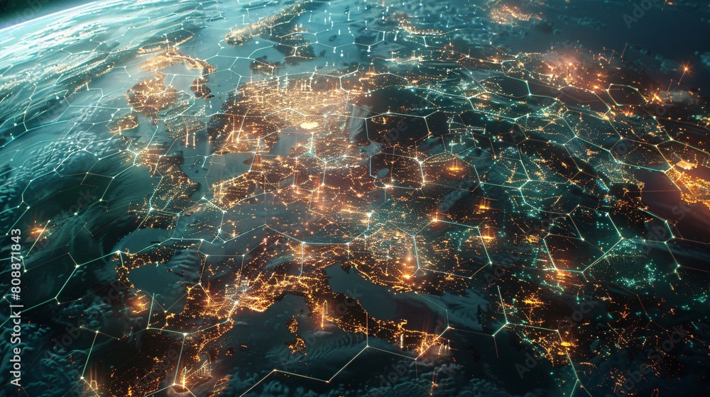 Obraz premium Global network connection over world map, Infographics, double exposure.