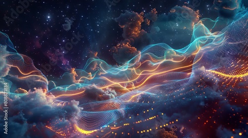 In this cosmic tapestry, swirling nebulas and galaxies dance across the vast expanse of space, their ethereal beauty illuminated by the glow of distant stars. 