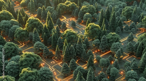 Forest glowing paths. Urban planning concept eco-friendly, smart technology integrating with natural environment. Digital network, sustainable future planning. Innovative design, eco urbanization.