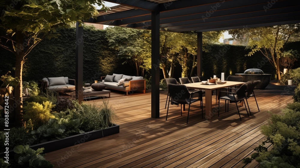 Interior design of a lavish side outside garden at morning, with a teak hardwood deck and a black pergola.