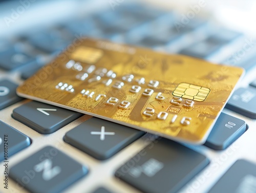 A credit card is on a keyboard. The card is gold and has a 2016 expiration date. Concept of a person using their credit card to make a purchase
