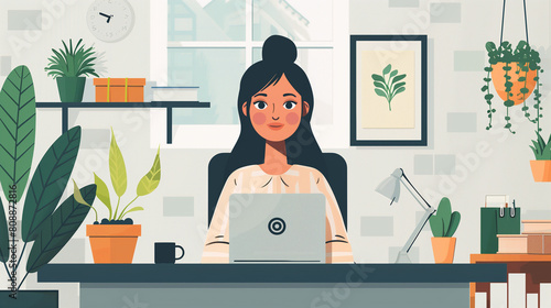 Illustration of a woman at a desk in the office and with many documents