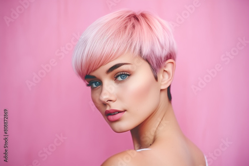 Closeup studio portrait of a beautiful young model with an extremely close-cropped haircut. She is standing against a bright pink wall