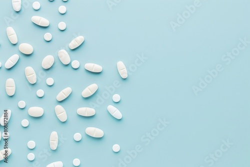 White medical pills on a blue background with copyspace.