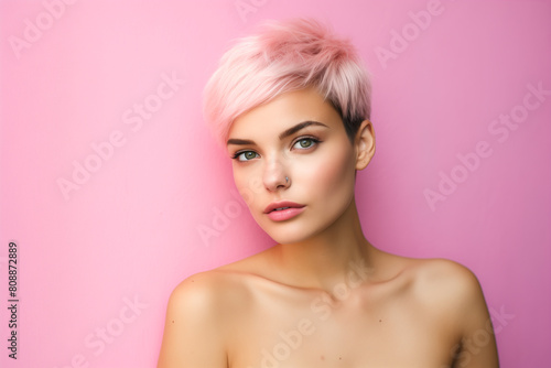 Closeup studio portrait of a beautiful young model with an extremely close-cropped haircut. She is standing against a bright pink wall