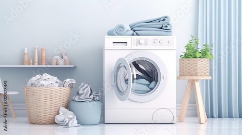 interior design, Washing machine, washing gel and laundry basket on white background.