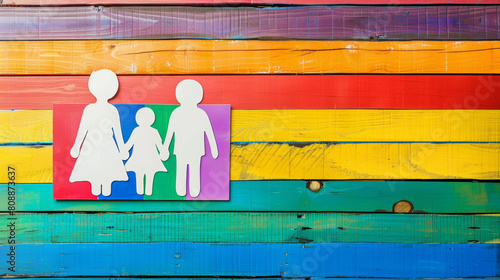 Lesbian family with child white sign on a rainbow gay flag wood planks background Stock Photo photography