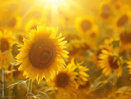 Vibrant sunflowers shine brightly in a field illuminated by golden light, creating a picturesque scene.