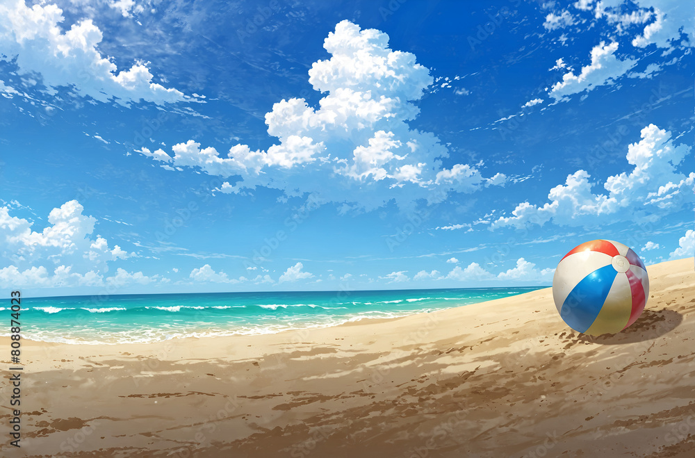 Beach ball on the sandy beach, summer beach vacation illustration banner.