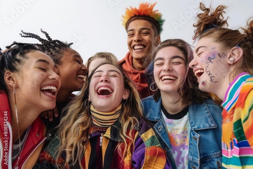 The essence of youth lifestyle, featuring a diverse group of teenagers laughing and interacting with each other, the energy, diversity, and freedom of modern youth culture
