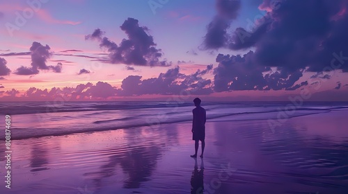 Brazilian Man on Twilight Beach: Breathtaking Horizon Gradient, Serene Atmosphere.