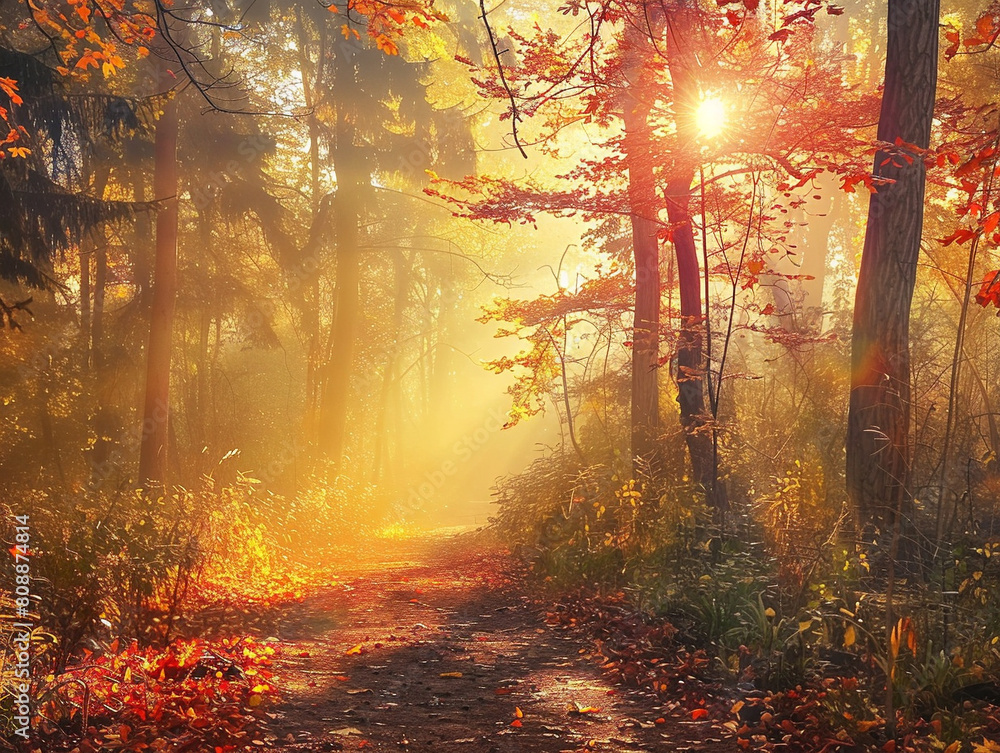A peaceful trail winding through vibrant autumn trees, bathed in warm sunlight and rustling leaves.