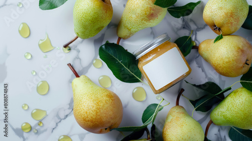 mockup of fresh pear preserve in a glass jar among scattered pears and green leaves on a marble background