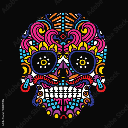 colorful skulls patterns graphic print  It represents death in the next world  Design element for logo  tattoo  textile  fabric pattern design decorations templates and other designs.