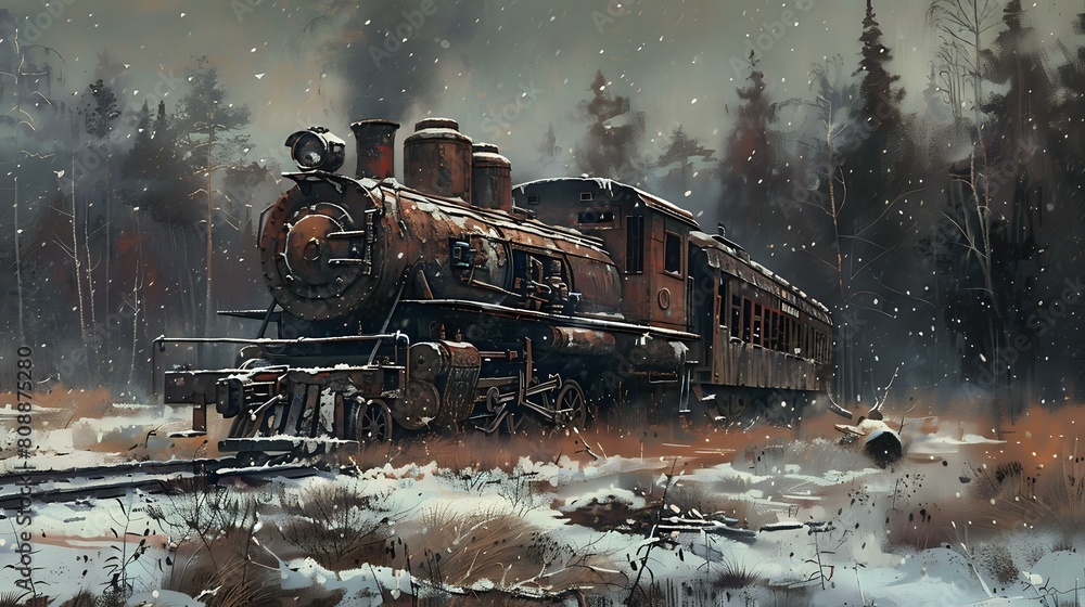 Illustrated Snowy Landscape: Abandoned Rusty Train in Field of Hope Illustrated Snowy Landscape: Abandoned Rusty Train in Field of Hope