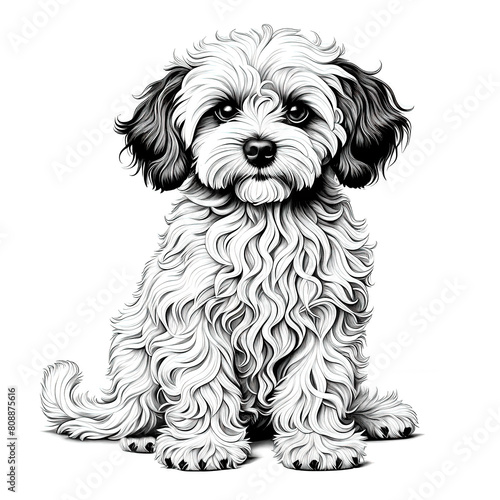 Detailed black and white drawing of a cute lapdog on a white background in isolation, a coloring page, a tattoo. photo