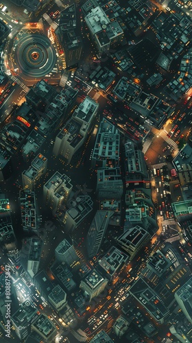 Capture a high-angle view of a dystopian cityscape