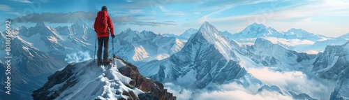 The image shows a person standing on a snow-capped mountain peak, looking out over a vast mountain range