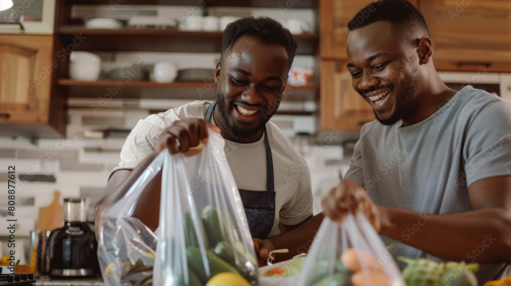 Low angle view of cheerful african american gay couple removing groceries from mesh bag in kitchen Stock Photo photography Low angle view of cheerful african american gay couple removing groceries from mesh bag in kitchen Stock Photo photography