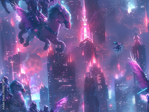 Craft a photorealistic digital art piece showcasing a group of cyborg warriors riding mythical griffins through neon-lit skyscrapers