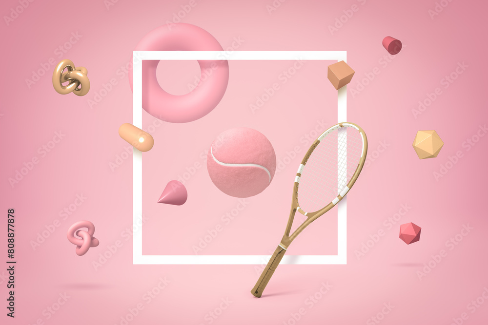 3d rendering of tennis racket and tennis ball with random geometric objects on pink background 3d rendering of tennis racket and tennis ball with random geometric objects on pink background