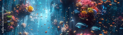 Create a dynamic scene showcasing futuristic technologies in an underwater city #808877835