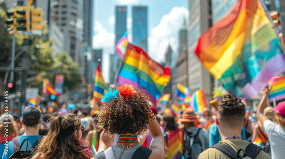 Marchers at the gay pride parade in the city. LGBTQI community during a gay pride parade. Stop the hate. Stock Photo photography Marchers at the gay pride parade in the city. LGBTQI community during a gay pride parade. Stop the hate. Stock Photo photography