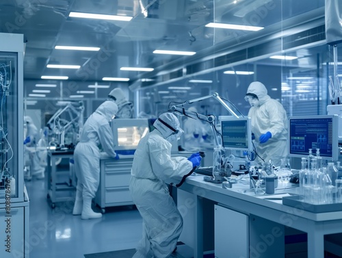 A group of people in white lab coats are working in a lab. Scene is serious and focused