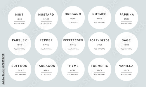 kitchen pantry labels premade design template for herbs and spices, grain and cereals. cooking ingredient organizing printable stickers for jars 