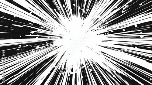 Comic book speed lines, black and white explosions, action or explosion effects.