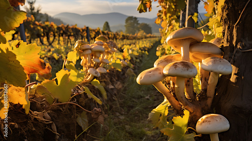 A picturesque autumn scene with agaricus mushrooms growing along a vineyard row, with grapes ready for harvest.