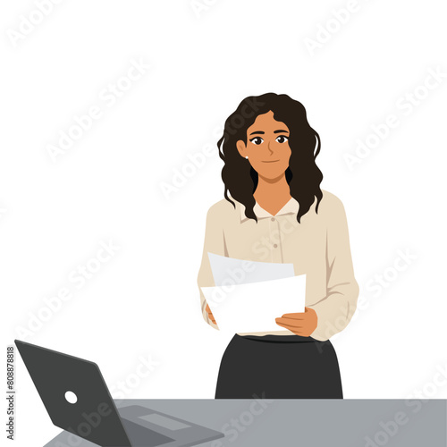 Young latina business woman holding paperwork in her office. Flat vector illustration isolated on white background